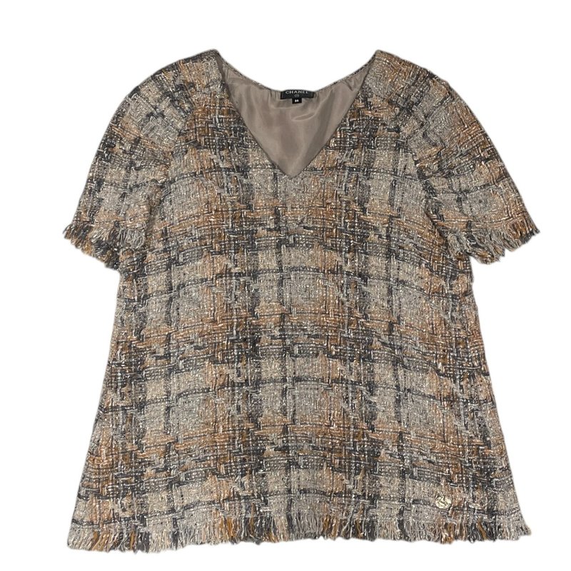 CHANEL 香奈兒 V領粗花呢上衣 羊毛混紡 米棕色 金釦 SIZE:36-2