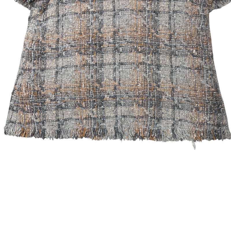 CHANEL 香奈兒 V領粗花呢上衣 羊毛混紡 米棕色 金釦 SIZE:36-4