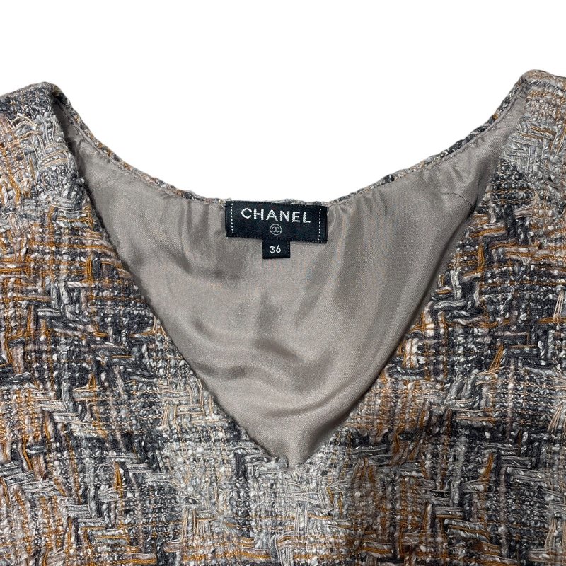 CHANEL 香奈兒 V領粗花呢上衣 羊毛混紡 米棕色 金釦 SIZE:36-5