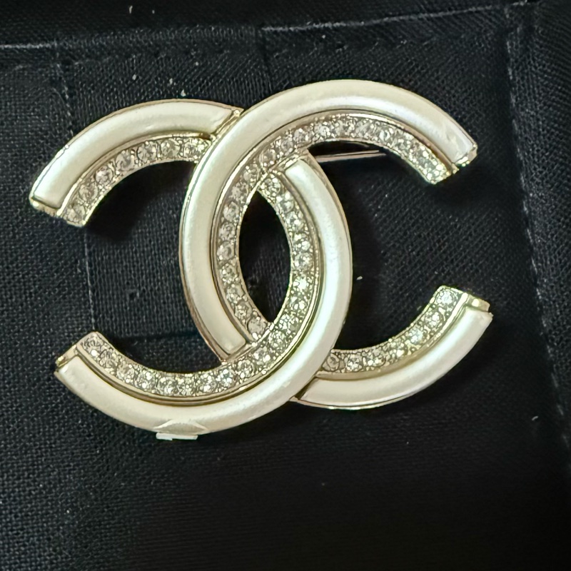 Chanel 雙c 正品 銀白雙層帶鑽 胸針 香奈兒-2