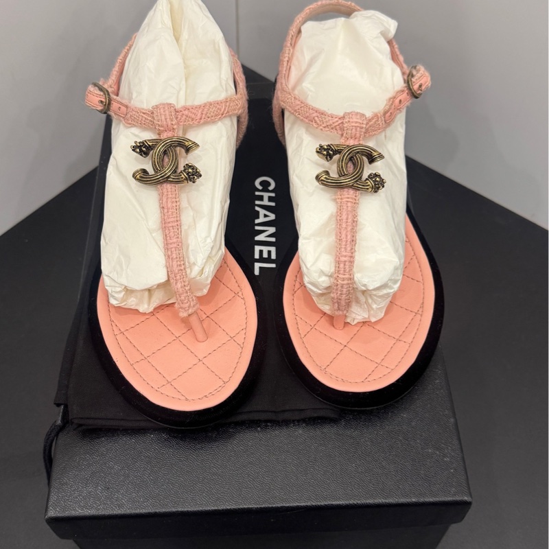 99新 香奈兒/chanel 粉色夾趾涼拖鞋 35碼 附件：塵袋-1