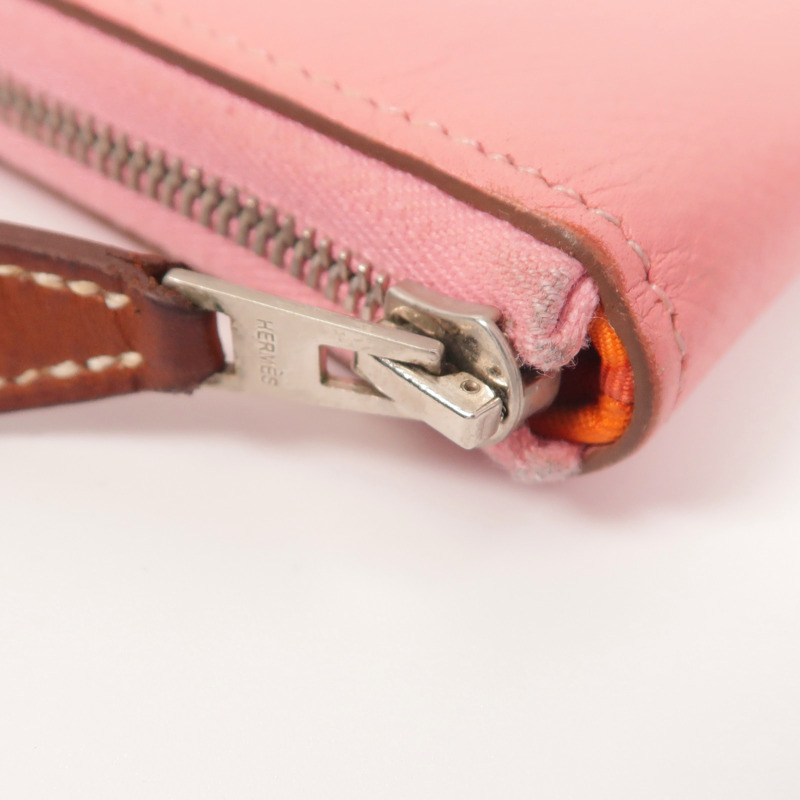 HERMES Epsom皮革/絲質Silk In Compact錢包Rose Azalee-11