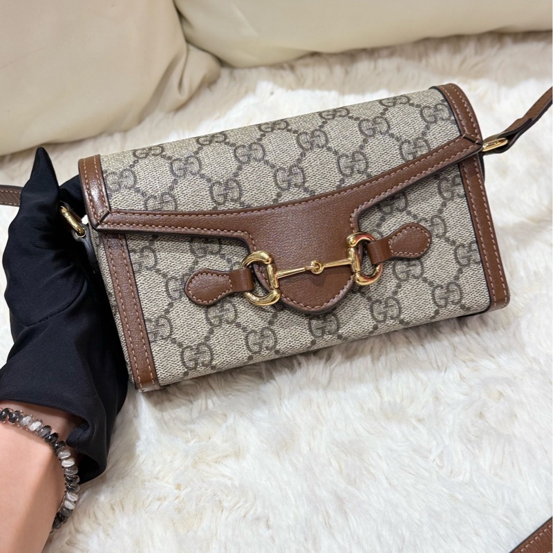 Gucci古馳Horsebit 1955老花盒子包+棕色拼皮+金色馬銜扣-0