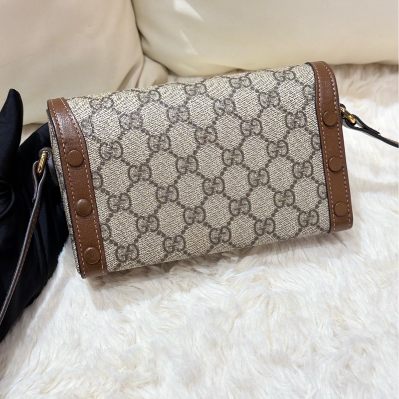 Gucci古馳Horsebit 1955老花盒子包+棕色拼皮+金色馬銜扣-1