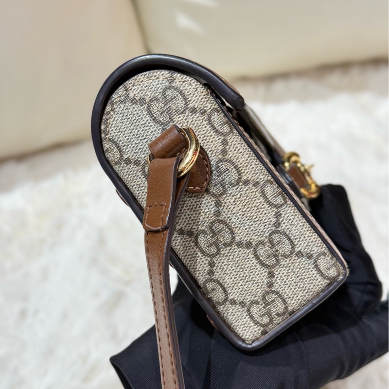 Gucci古馳Horsebit 1955老花盒子包+棕色拼皮+金色馬銜扣-2