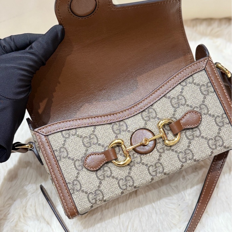 Gucci古馳Horsebit 1955老花盒子包+棕色拼皮+金色馬銜扣-3