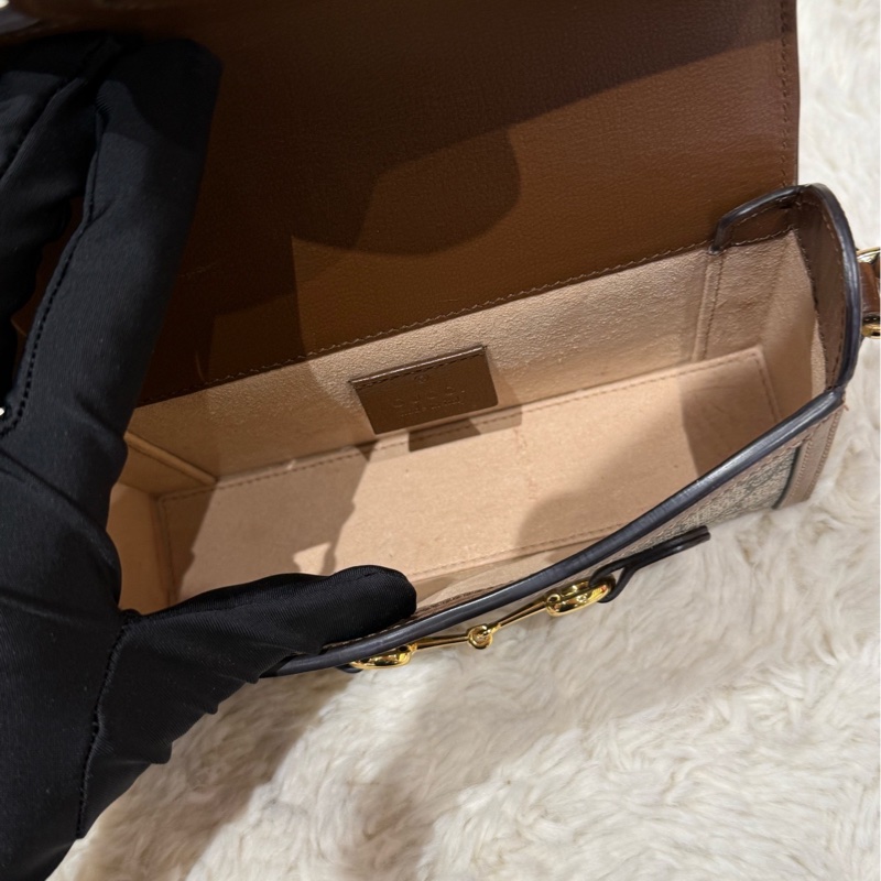 Gucci古馳Horsebit 1955老花盒子包+棕色拼皮+金色馬銜扣-4