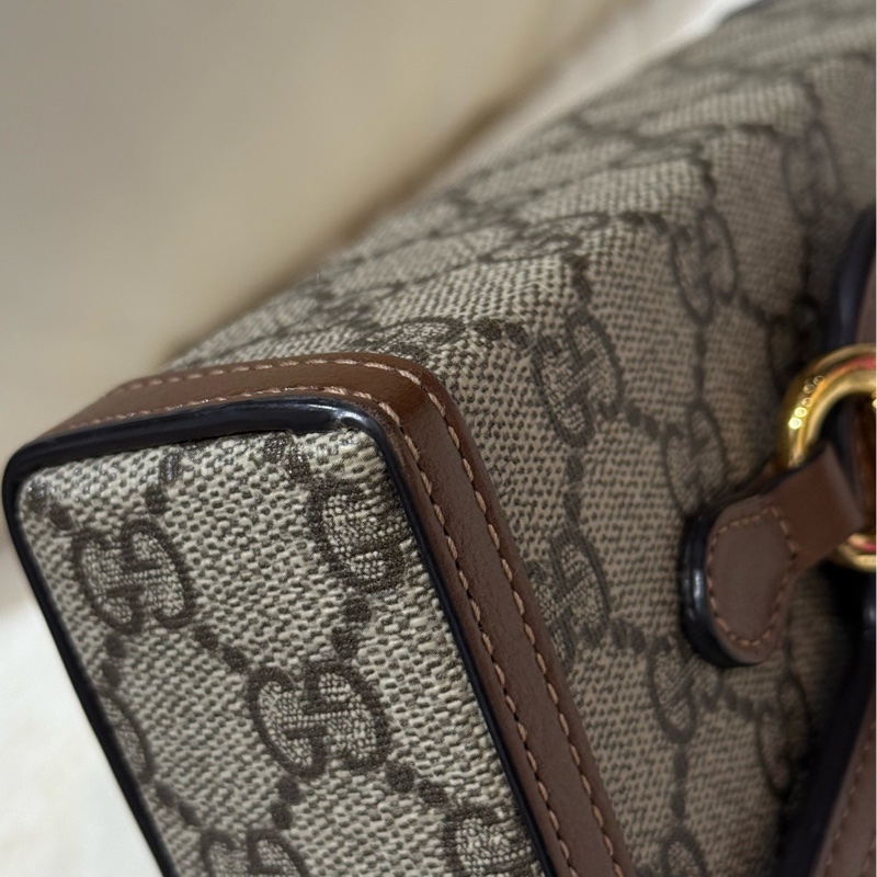 Gucci古馳Horsebit 1955老花盒子包+棕色拼皮+金色馬銜扣-6