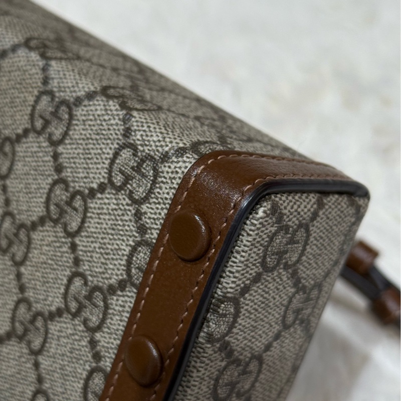 Gucci古馳Horsebit 1955老花盒子包+棕色拼皮+金色馬銜扣-7