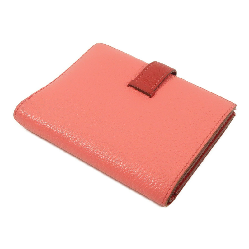 HERMES Chevre皮革Bearn Compact Wallet錢包Rose Lipstick/Rouge Casaque-3