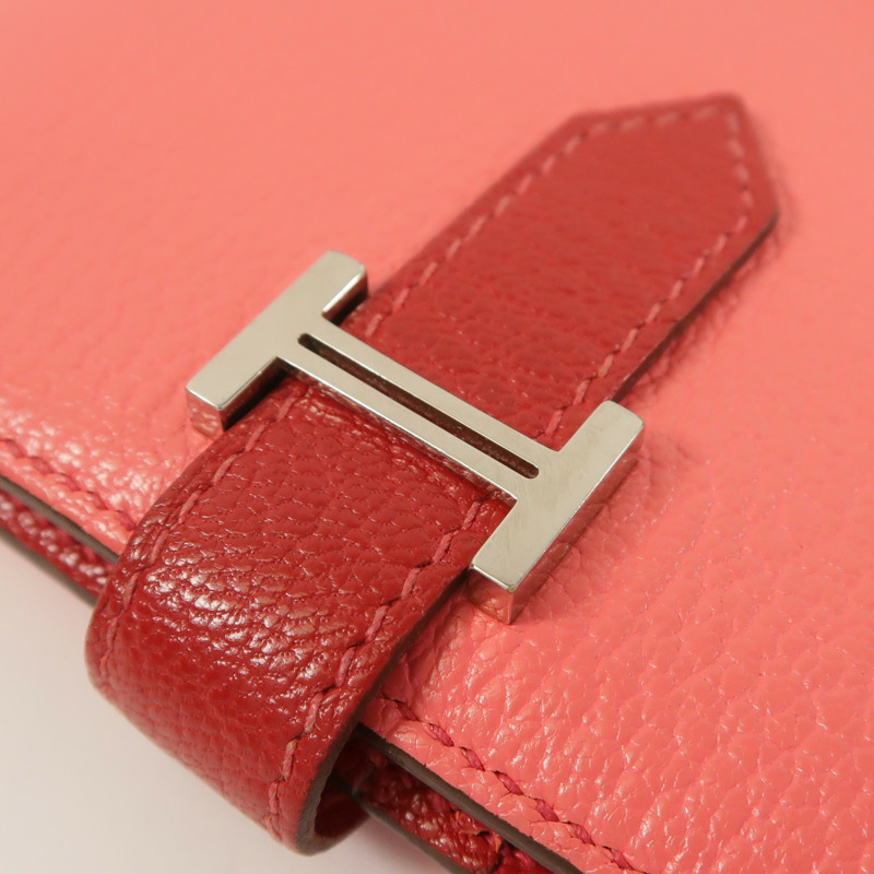 HERMES Chevre皮革Bearn Compact Wallet錢包Rose Lipstick/Rouge Casaque-8