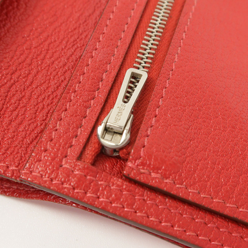 HERMES Chevre皮革Bearn Compact Wallet錢包Rose Lipstick/Rouge Casaque-13