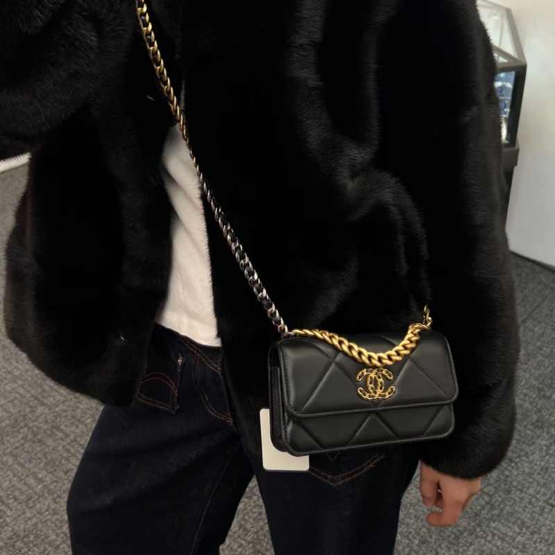 🛼CHANEL香奈兒經典黑金19bag羊皮菱格紋woc鏈條發財包-4