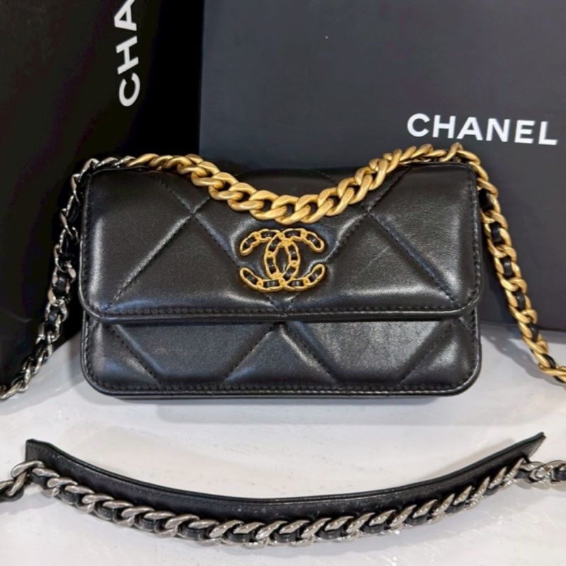🛼CHANEL香奈兒經典黑金19bag羊皮菱格紋woc鏈條發財包-10