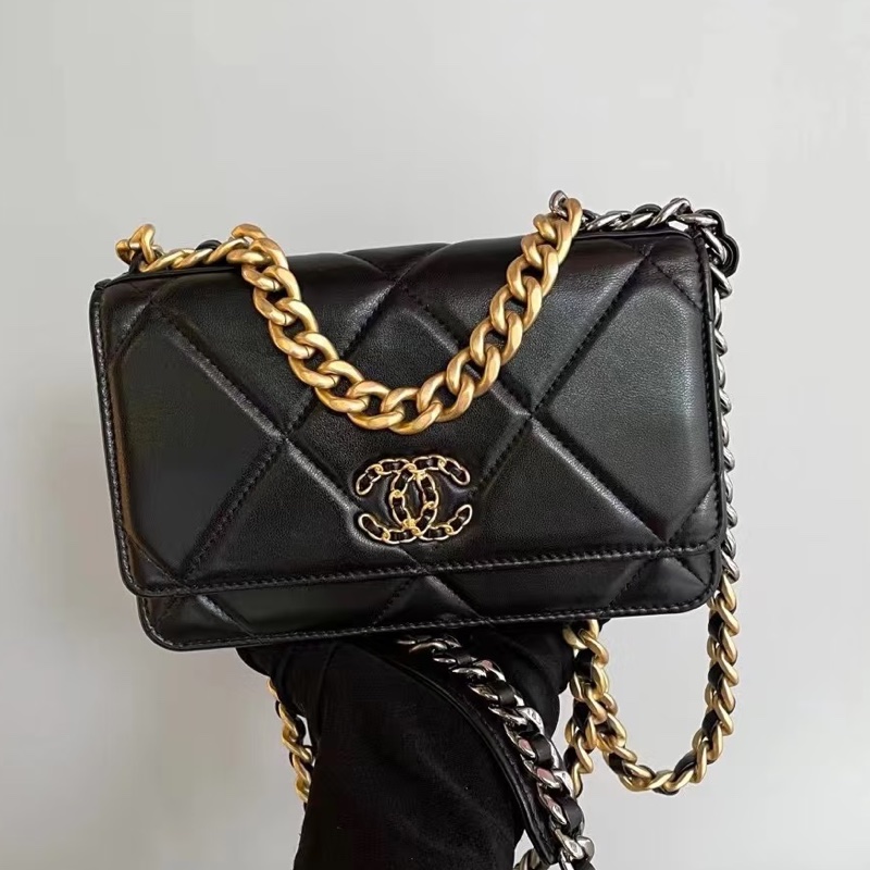 🛼CHANEL香奈兒經典黑金19bag羊皮菱格紋woc鏈條發財包-21