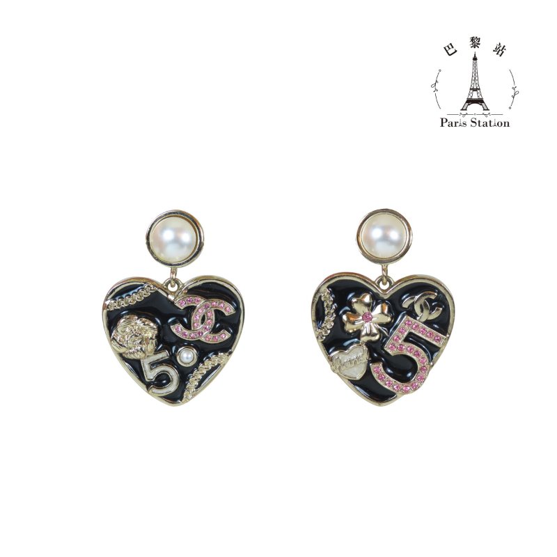 【巴黎站二手名牌專賣店】＊現貨＊CHANEL 香奈兒 真品＊ABD341珍珠黑愛心吊墜針式耳環-0