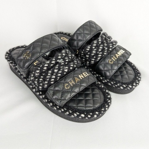 莉亞精品♡ Chanel 黑皮革繫繩厚底拖鞋 #38 全新