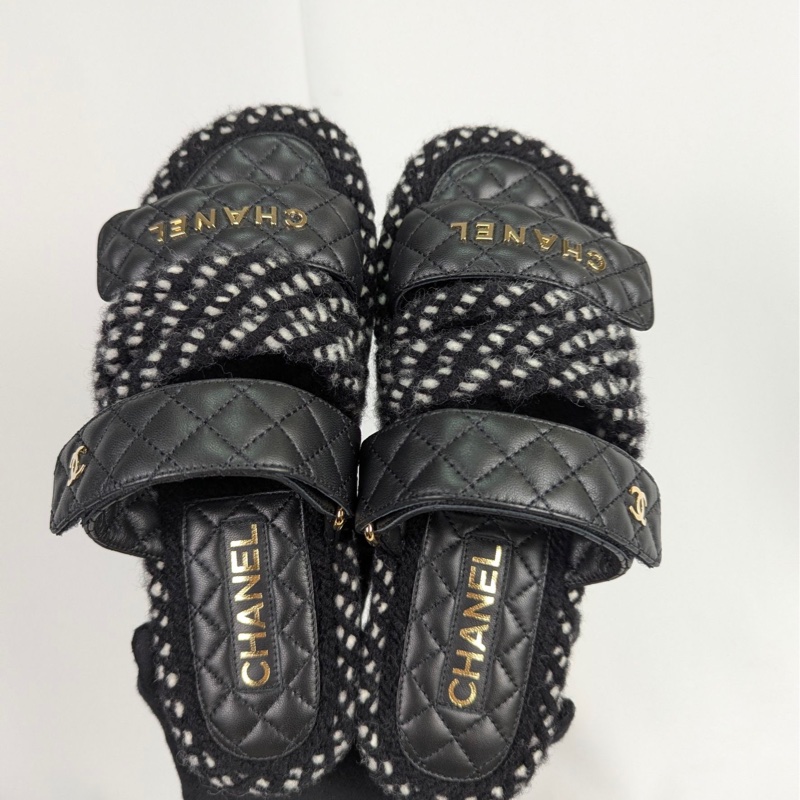 莉亞精品♡ Chanel 黑皮革繫繩厚底拖鞋 #38 全新-1