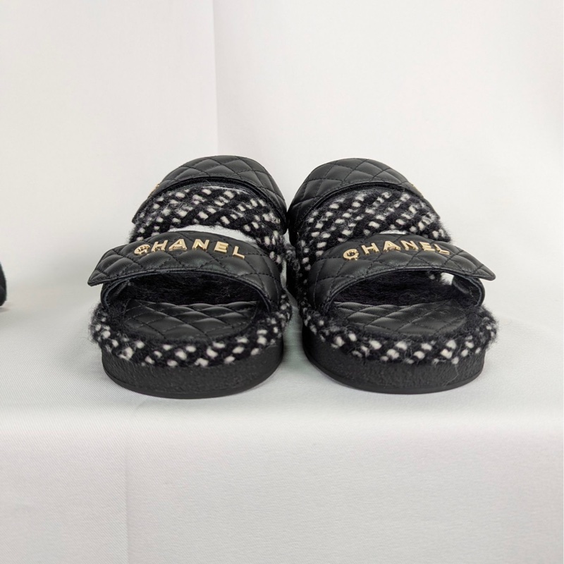 莉亞精品♡ Chanel 黑皮革繫繩厚底拖鞋 #38 全新-5