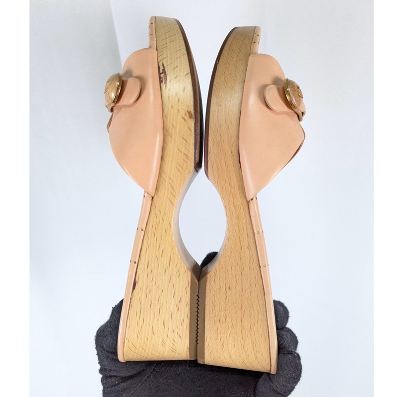 莉亞精品♡ Chanel 粉膚木底拖鞋 #37.5 二手-2