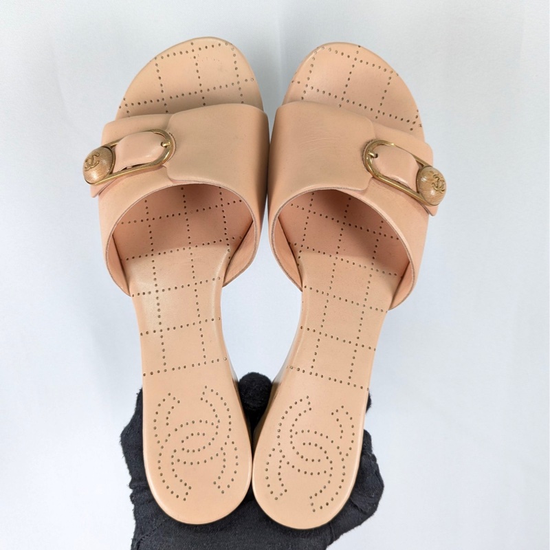 莉亞精品♡ Chanel 粉膚木底拖鞋 #37.5 二手-3