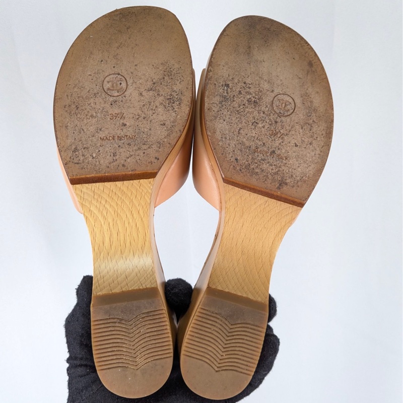 莉亞精品♡ Chanel 粉膚木底拖鞋 #37.5 二手-6