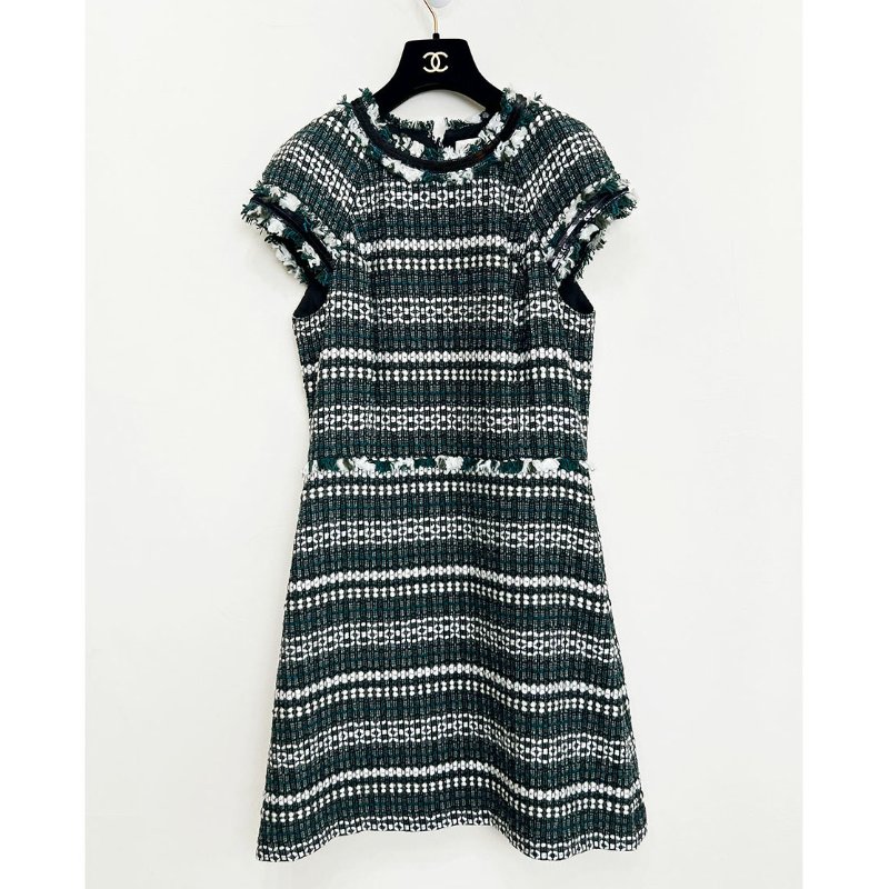 TB / TORY BURCH 英國綠條紋毛呢短袖洋裝 6/M-1