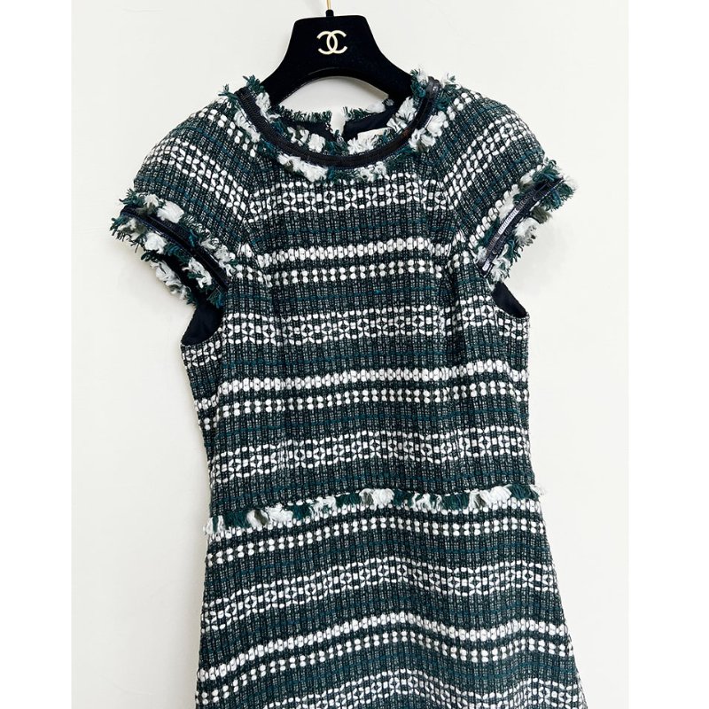 TB / TORY BURCH 英國綠條紋毛呢短袖洋裝 6/M-3