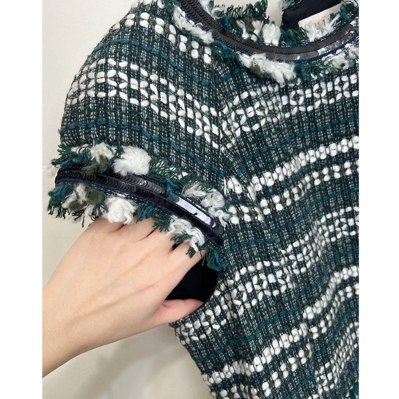 TB / TORY BURCH 英國綠條紋毛呢短袖洋裝 6/M-5