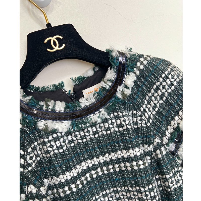 TB / TORY BURCH 英國綠條紋毛呢短袖洋裝 6/M-6
