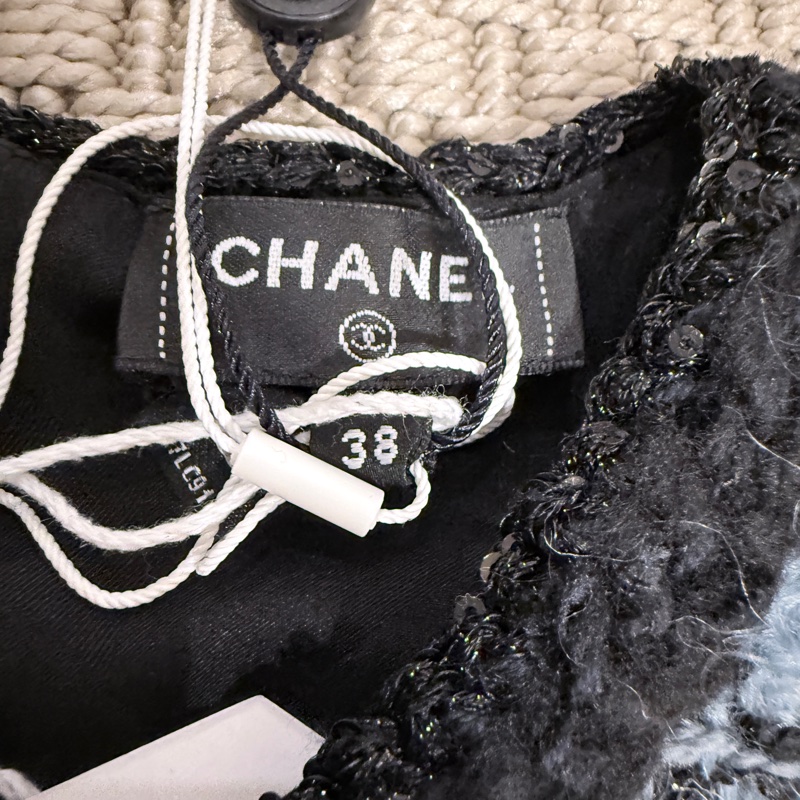 全新/ Chanel✨黑藍格亮片花呢百搭背心 #38-6