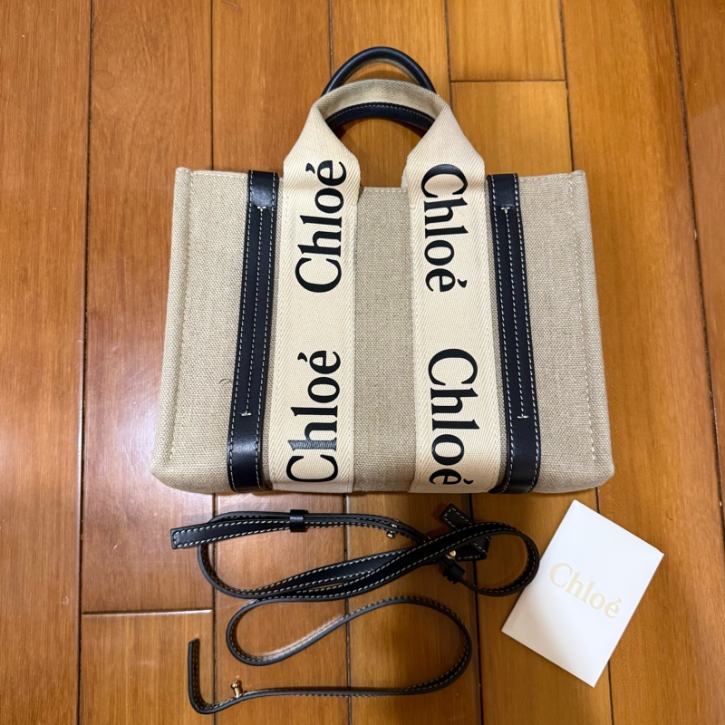 Chloe’ 蔻依Woody 帆布拼牛皮手提/斜背二用托特包_小-1