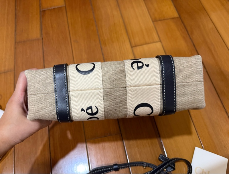 Chloe’ 蔻依Woody 帆布拼牛皮手提/斜背二用托特包_小-2