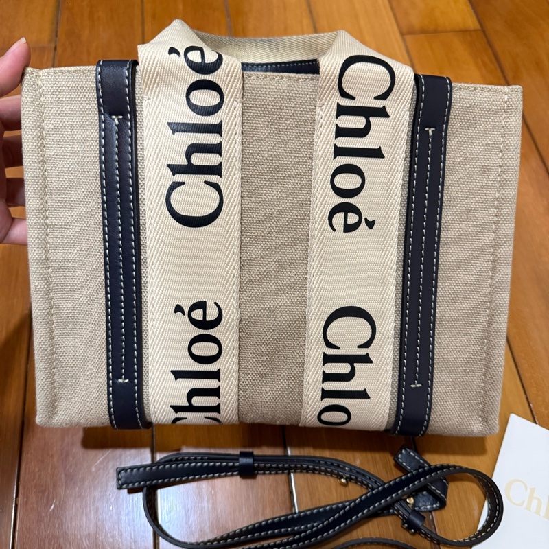 Chloe’ 蔻依Woody 帆布拼牛皮手提/斜背二用托特包_小-3