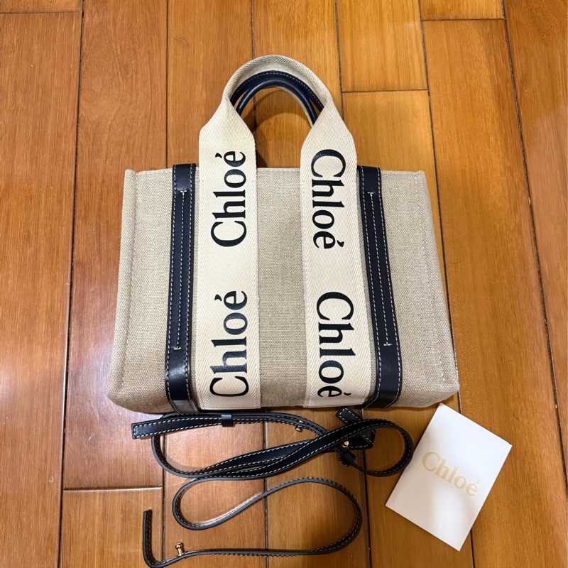 Chloe’ 蔻依Woody 帆布拼牛皮手提/斜背二用托特包_小-5