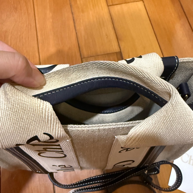 Chloe’ 蔻依Woody 帆布拼牛皮手提/斜背二用托特包_小-11