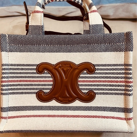 Celine 皮標凱旋門撞色條紋托特包（藍白）