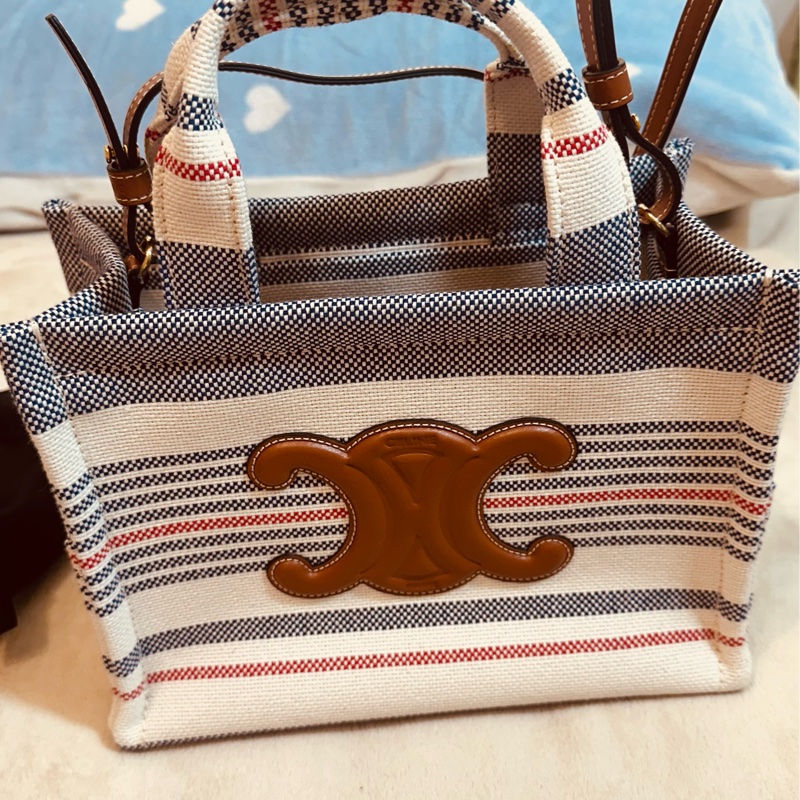 Celine 皮標凱旋門撞色條紋托特包（藍白）-5