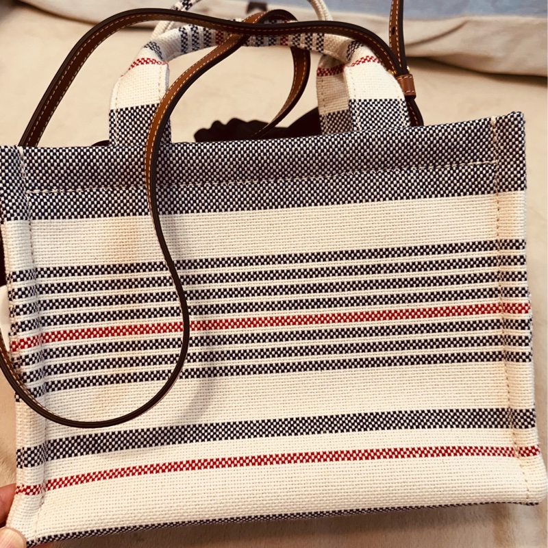 Celine 皮標凱旋門撞色條紋托特包（藍白）-6