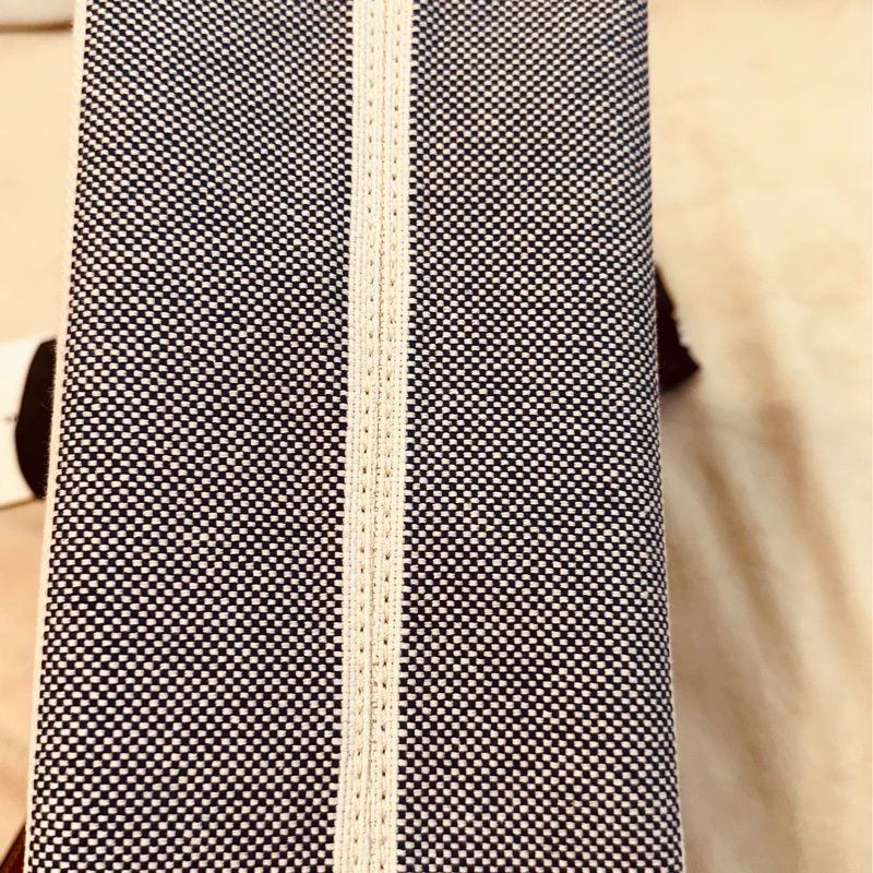 Celine 皮標凱旋門撞色條紋托特包（藍白）-8