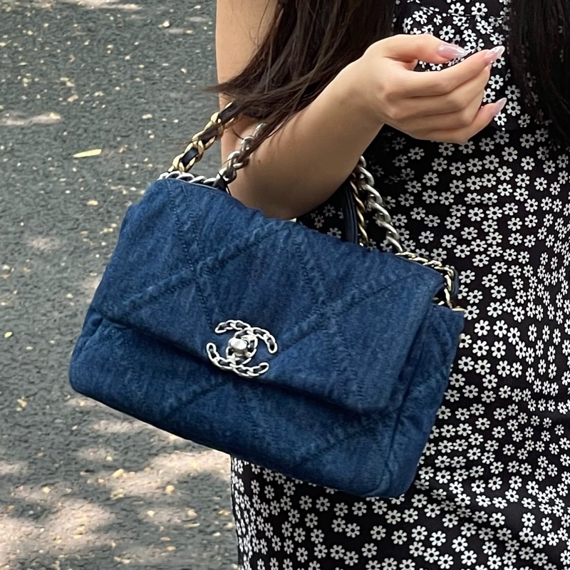 🈶購證超限量😍99新🆕Chanel香奈兒牛仔藍丹寧牛仔19bag雙色鏈條單肩斜挎手提包-0