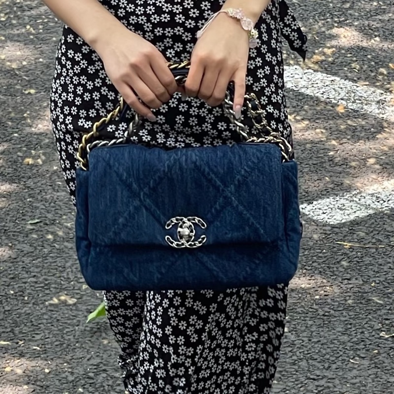🈶購證超限量😍99新🆕Chanel香奈兒牛仔藍丹寧牛仔19bag雙色鏈條單肩斜挎手提包-1