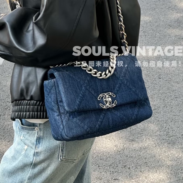 🈶購證超限量😍99新🆕Chanel香奈兒牛仔藍丹寧牛仔19bag雙色鏈條單肩斜挎手提包-3