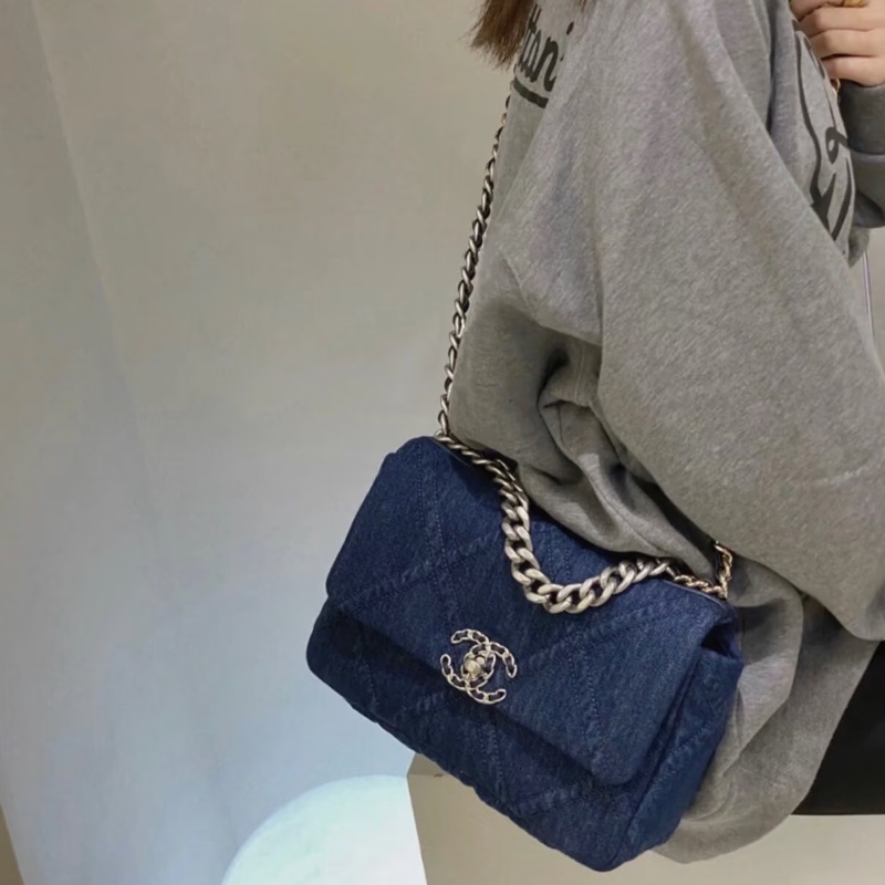 🈶購證超限量😍99新🆕Chanel香奈兒牛仔藍丹寧牛仔19bag雙色鏈條單肩斜挎手提包-4