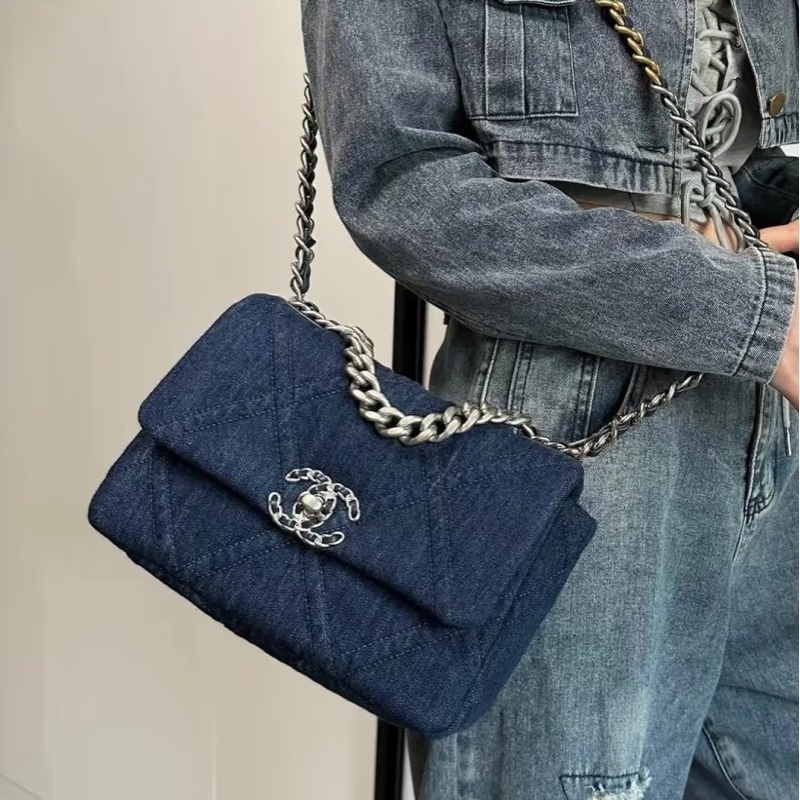 🈶購證超限量😍99新🆕Chanel香奈兒牛仔藍丹寧牛仔19bag雙色鏈條單肩斜挎手提包-5