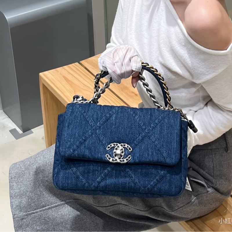 🈶購證超限量😍99新🆕Chanel香奈兒牛仔藍丹寧牛仔19bag雙色鏈條單肩斜挎手提包-6