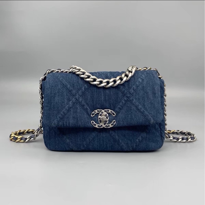 🈶購證超限量😍99新🆕Chanel香奈兒牛仔藍丹寧牛仔19bag雙色鏈條單肩斜挎手提包-8