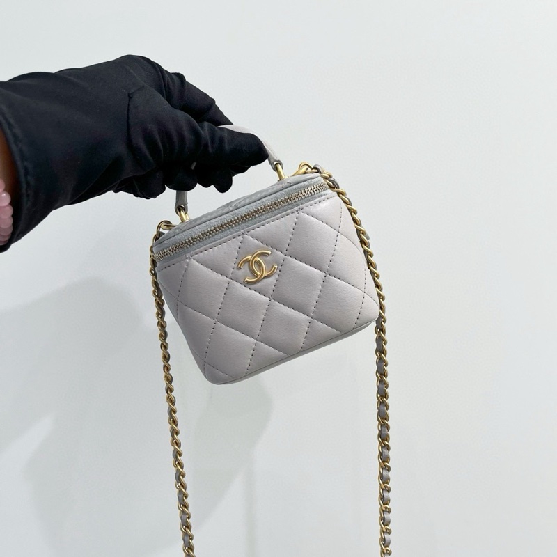 Chanel 香奈兒 灰色羊皮菱格Mini迷你手柄小盒子鏈條包 小方盒 尺寸：8.5*11*7cm 有防塵袋 31開無卡-1