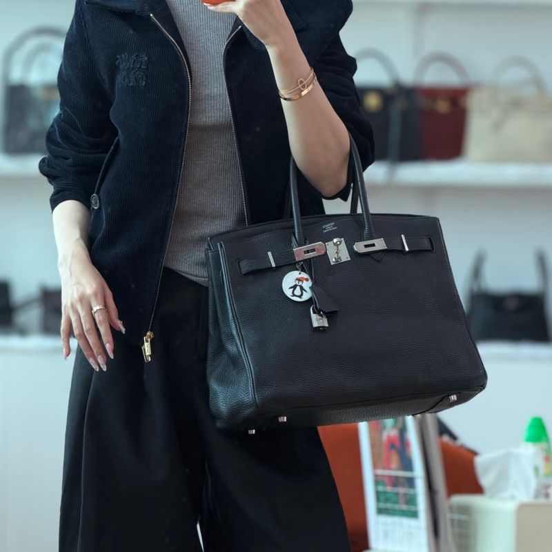 🧥HERMES愛馬仕BirKin35黑銀Togo皮機場包附鎖具💎-3