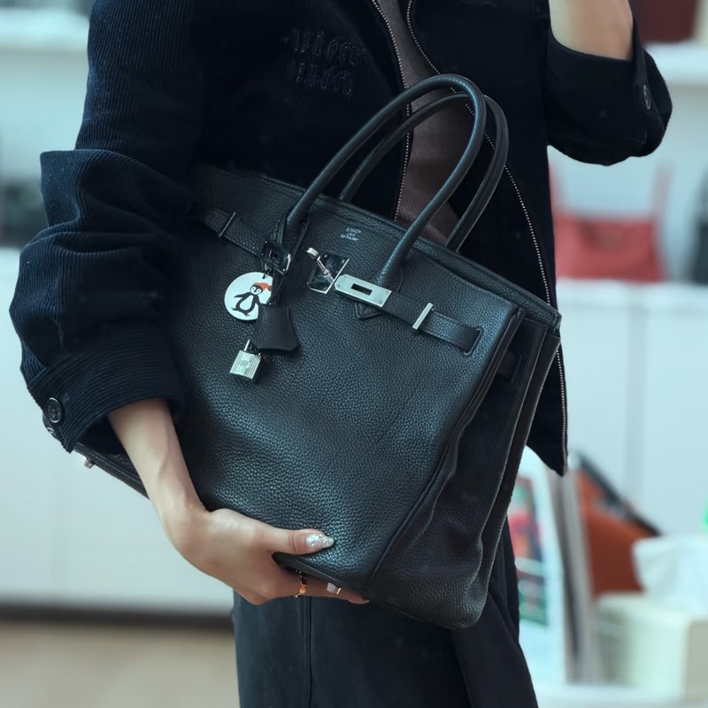🧥HERMES愛馬仕BirKin35黑銀Togo皮機場包附鎖具💎-7